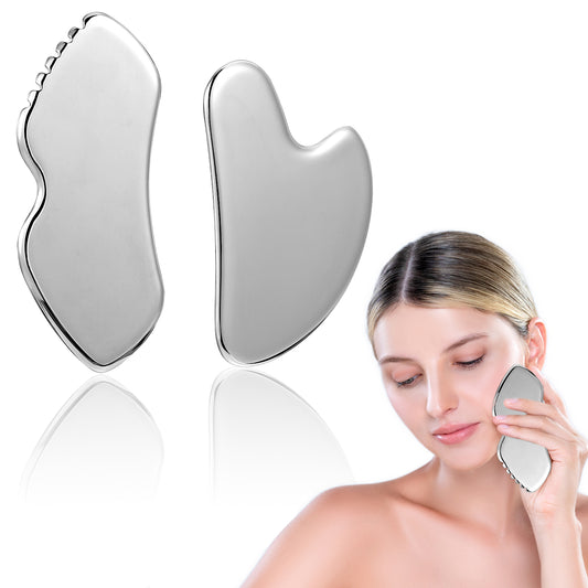MBAIYO 2 Pack Stainless Steel Gua Sha Facial Tools, Guasha Tool for Facial Sculpting Relaxation Face Massager for Tighten Skin Jawline Sculpting Puffiness Reducing Back Muscles Pain