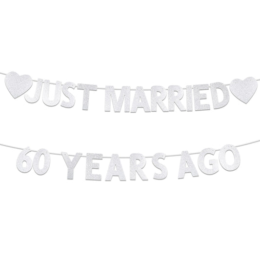 MBAIYO 60th Wedding Anniversary Party Banner, Silver Glitter Just Married 60 Years Ago Sign, We Still Do Decorations for 60 Years Blessed & Loved Celebration Supplies