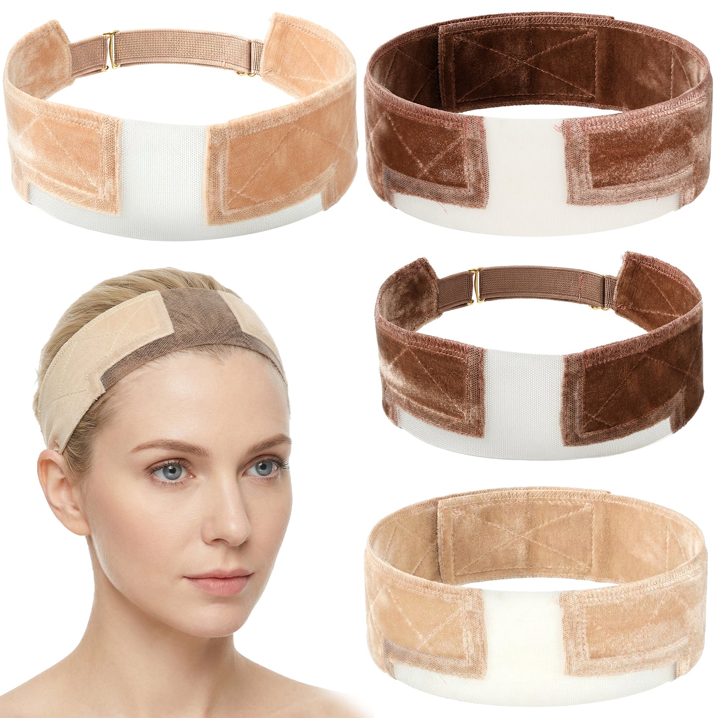 Molain 4 Pcs Adjustable Velvet Wig Grip Headband, Elastic Velvet Wig Headband Non-Slip Wig Band Comfortable Invisible Breathable Wigs Grip for Women Beige and Dark Brown