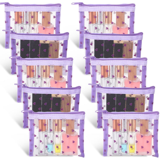 MBAIYO 10pcs Mini Mesh Makeup Bags Zipper, Heart Print Cosmetic Bags 3D Heart-Shaped Purple Storage Pouch Small Nylon Organizer Purse Bag for Women Lipstick Travel Home Offices Toiletry