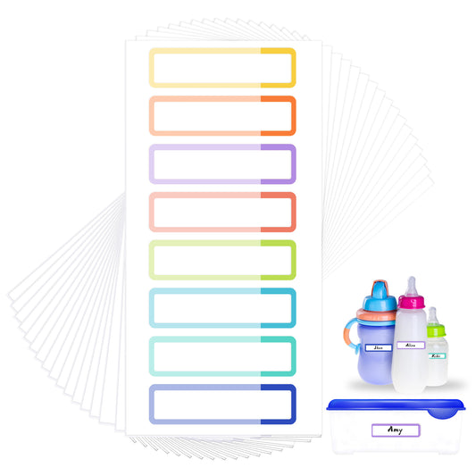 MBAIYO 136pcs Waterproof Name Labels, Self Laminating Write On Name Stickers Removable Water Bottle Names Labels Reusable Self-Adhesive Tag Stickers Colorful Lines School Cup Plastic Daycare Supplies