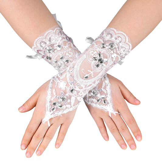 JJUNW 1 Pairs White Lace Gloves, Fingerless Lace Gloves, Long Fingerless Rhinestone Gloves for Women Formal Elbow Length Arm Tulle Sleeve for Opera Wedding Bridal Princess Cosplay Prom Masquerade