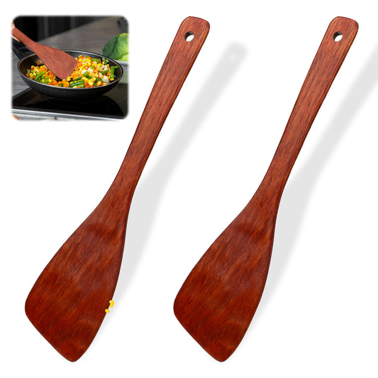 BOHUIZ 2 Pcs Wooden Spatula for Cooking, 12.8 Inches Natural Wood Spatula for Non-Stick Cookware, Flat Wood Spatulas for Cooking, Long Handle Wooden Utensils for Pan and Wok