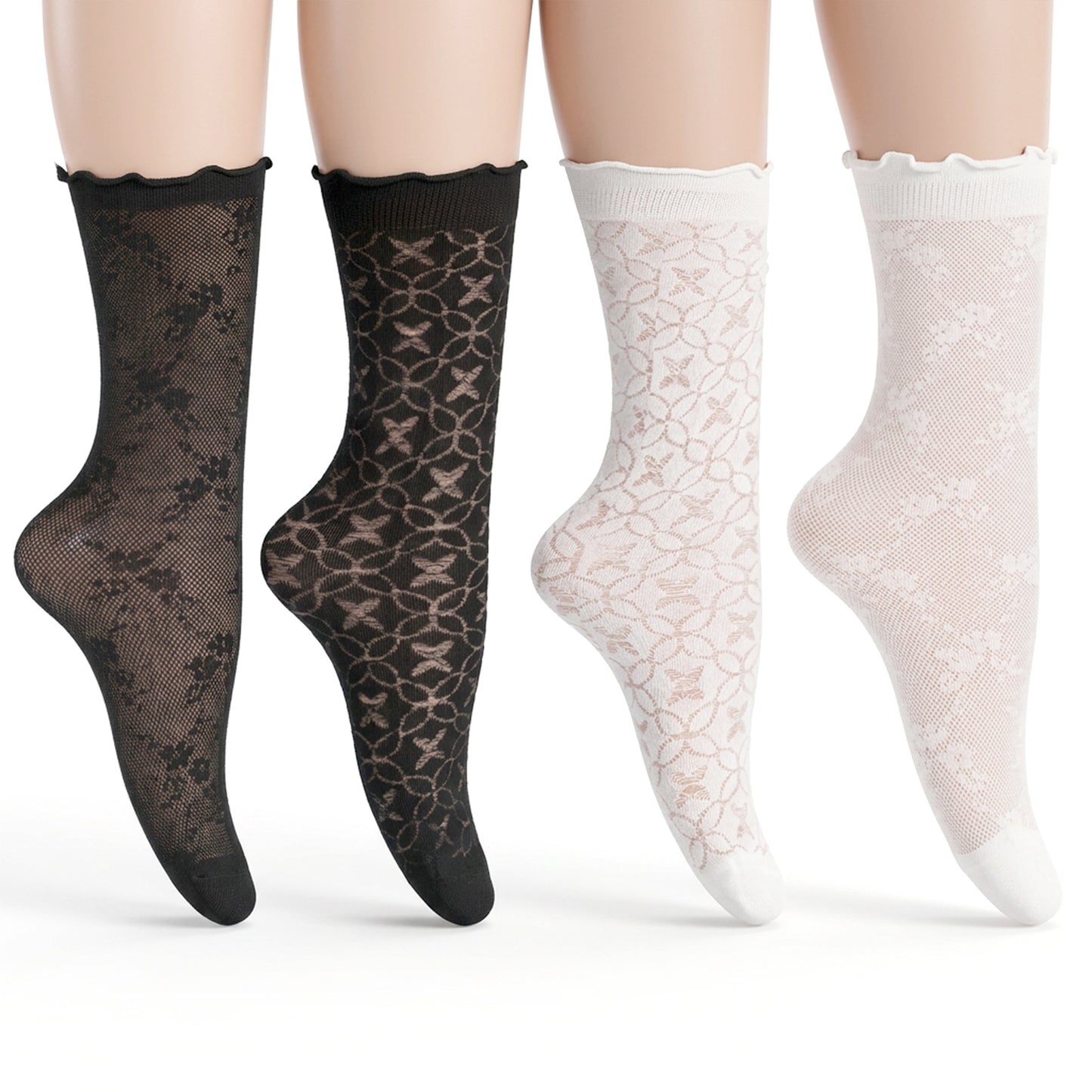 HJZHII 4 Pairs Women's Ruffle Socks, Mesh Lace Cotton Casual Crew Thin Frilly Cute Ankle Socks Summer Ultra Thin Cool Frilly Ankle Sock for Women(Black, White)