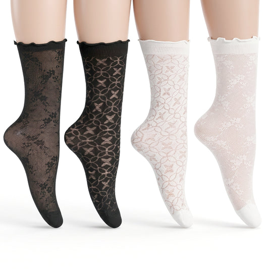 HJZHII 4 Pairs Women's Ruffle Socks, Mesh Lace Cotton Casual Crew Thin Frilly Cute Ankle Socks Summer Ultra Thin Cool Frilly Ankle Sock for Women(Black, White)