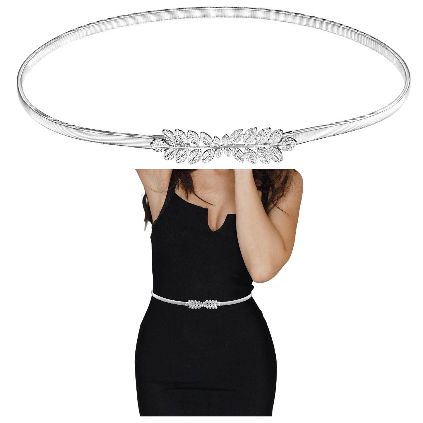 Yuanchu Women Elastic Skinny Waist Belt, Gold Ladies Belt Metal Thin Belt Women Dress Belt Versatile Stretch Chain Belt(Silver)