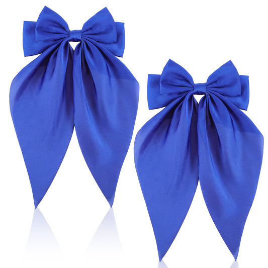 JJUNW 2 Pcs Blue Hair Bow For Women, Big Hair Clip Bow Barrettes With Long Silky, Hairs Bows Soft Satin Silky Hairs Bows For Women Fastener Accessories