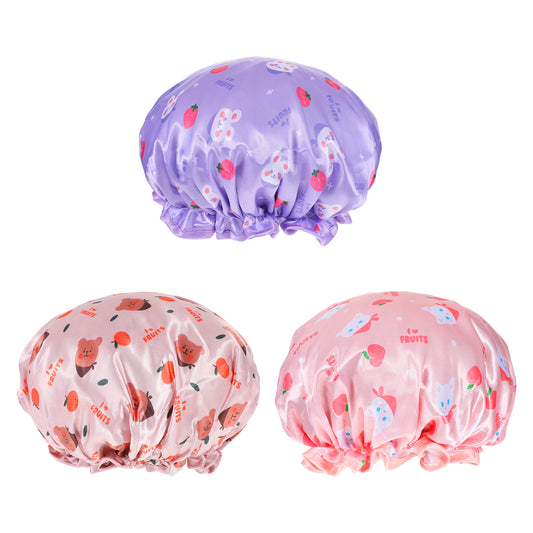 BOHUIZ 3Pcs Kids Shower Caps, Waterproof Rabbits Prints Double Layers Shower Caps Elastic Band Bonnet Satin and Eva Soft Sleeping Cap Reusable Cartoon Animal Shower Cap for Kids