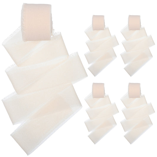 IANFAN Chiffon Ribbon 1 Inch x 4 Rolls, Handmade Chiffon Silk Ribbon 21 Yards Beige Fringe Chiffons Silk Ribbons for Bridal Bouquets Wedding Invitations Gift Wrapping DIY Crafts Home Party Decor