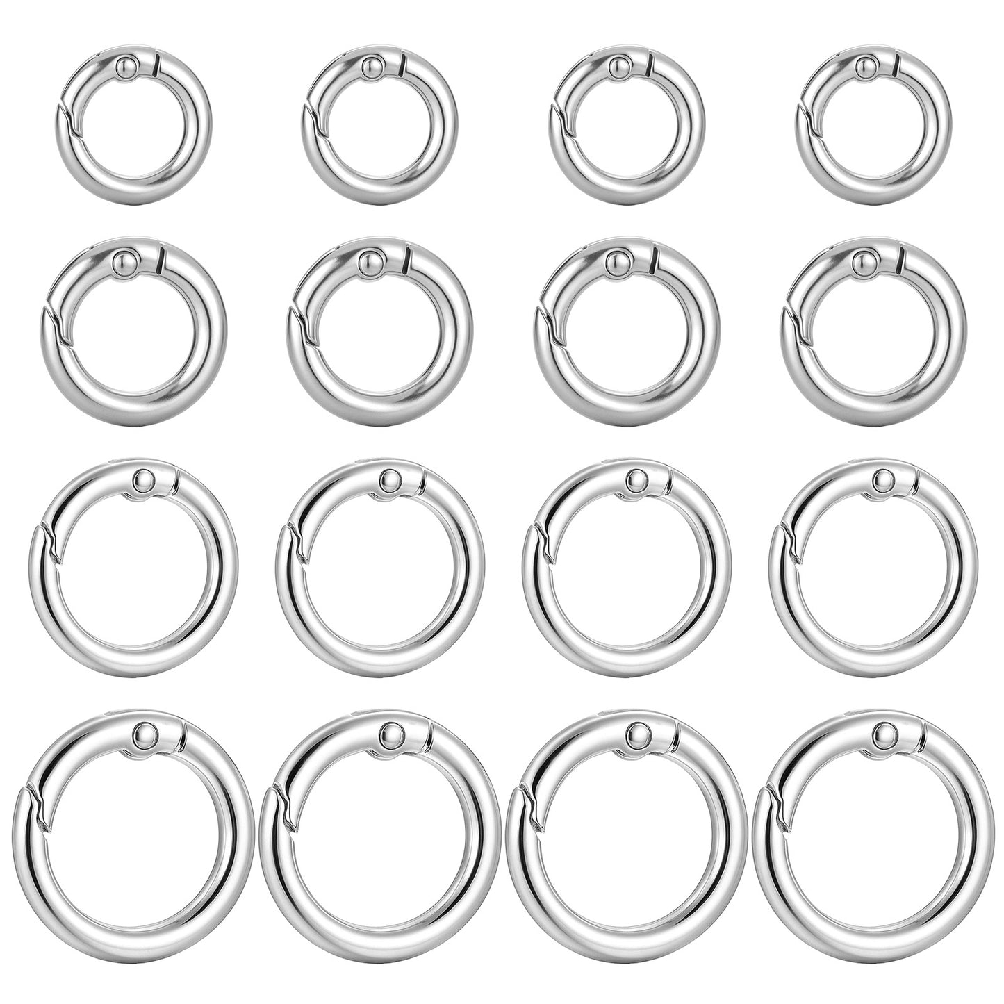 TIESOME 16 PCS Metal Spring Round Carabiner, 4 Sizes O Ring Keychain Clip Silver Round Carabiner Clip Snap DIY Accessories Spring Ring for Keychains Purse Bag Handbag(0.6/0.7/0.8/1 Inch)