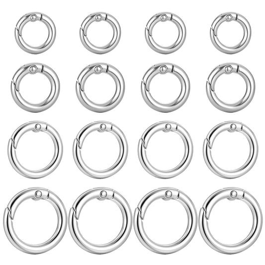 TIESOME 16 PCS Metal Spring Round Carabiner, 4 Sizes O Ring Keychain Clip Silver Round Carabiner Clip Snap DIY Accessories Spring Ring for Keychains Purse Bag Handbag(0.6/0.7/0.8/1 Inch)