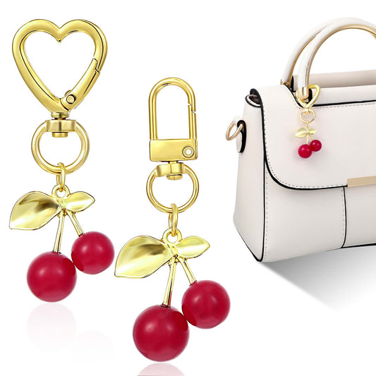 JIYIN 2PCS Cute Cherry Keychain, Red & Gold Cherry Bag Charm Heart & Lobster Claw Keyring Aesthetic Keychain Purse Charms Purse Backpack Handbag Accessories for Women Girls