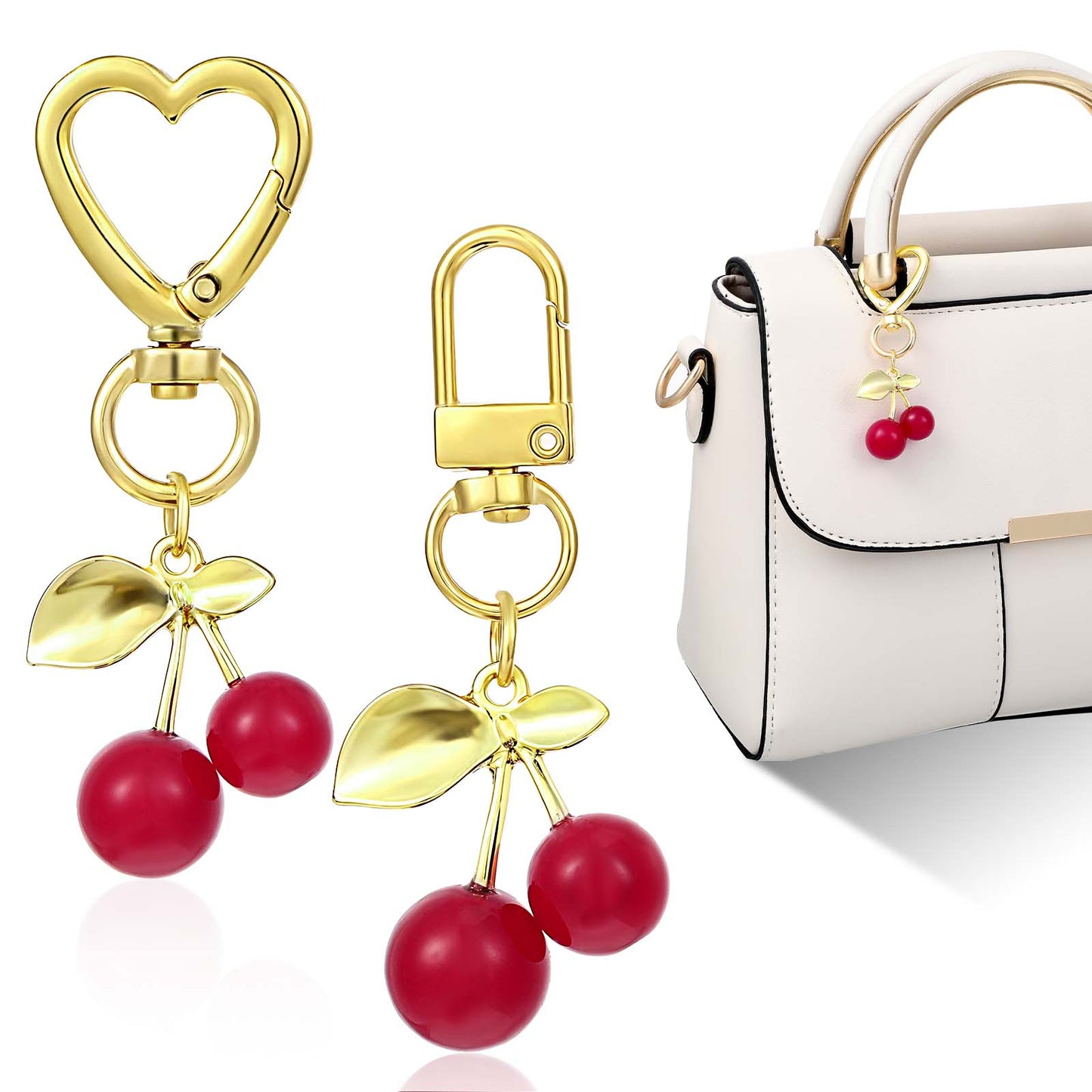 JIYIN 2PCS Cute Cherry Keychain, Red & Gold Cherry Bag Charm Heart & Lobster Claw Keyring Aesthetic Keychain Purse Charms Purse Backpack Handbag Accessories for Women Girls