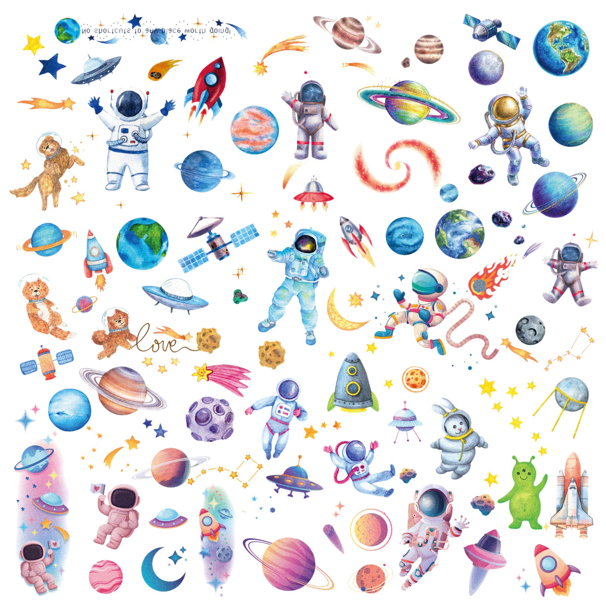 YUXMU 12 Sheets Glitter Space Temporary Tattoo, Astronaut Planet Stickers