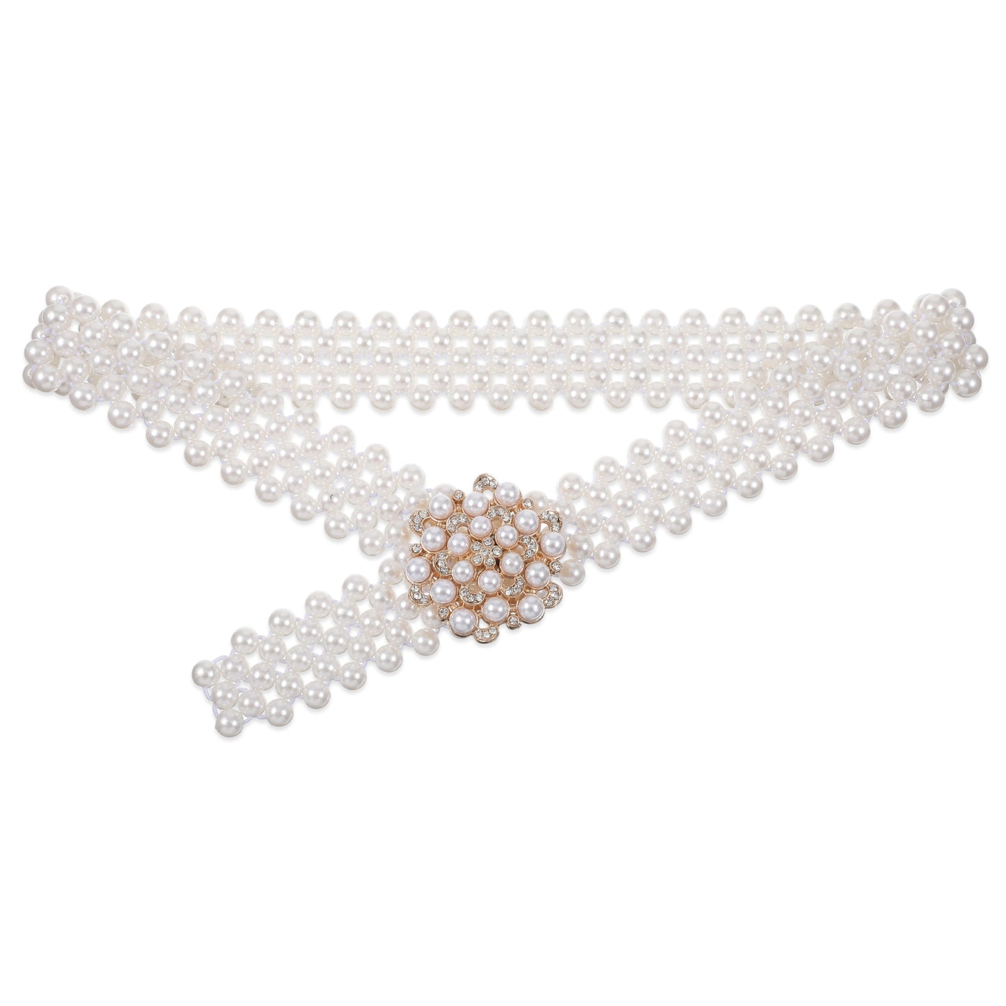 Yuanchu Women Hollow Pearl Waist Chain, Elastic Rhinestone Beaded Belt