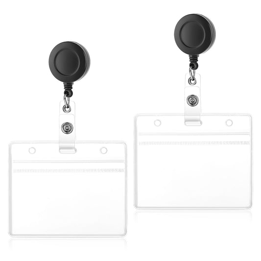Molain 2Pack Soft Plastic Horizontal Badge Holder with Retractable Badge Reels Clip, Clear Badge Holder ID Name Card Holders Credit Card Protector for Nurse Doctor Teacher Office (Horizontal)