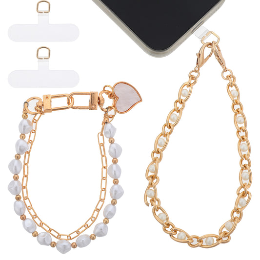 Bewudy Phone Charm Strap Bracelet Strap, Cell Phone Wrist Lanyard, Metal Phone Charms Chain Wristlet Beaded Phone Strap for Women Men Phone Wallet Keychain Camera (Gold)