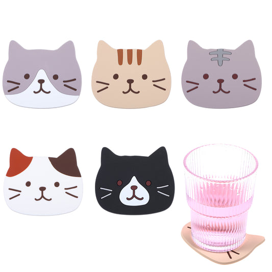 AOZUO Cute Cat Cup Coaster, 5pcs Funny Cat Coasters Cat Shaped Ceramic Coasters Non Slip Hot Pads Silicone Rubber Cup Mats for Cat Lovers Desk Coffee Table Dinning Room Decorations