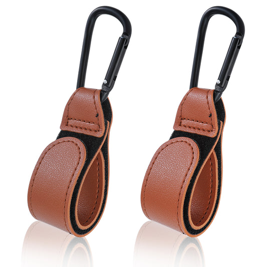 AOZUO Pack of 2 Pram Hooks for Bags, Pram Hook Clips with Carabiner Hook, Pram Bag Holder Made of Leather, Pram Hooks for Bags (Brown)
