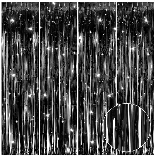 4 Pack Black Foil Curtain Backdrop, 3.28 x 6.56 Feet Black Metallic Tinsel Fringe Curtains for Birthday Wedding Baby Shower Bachelorette Christmas Party Decorations Photo Booth Background