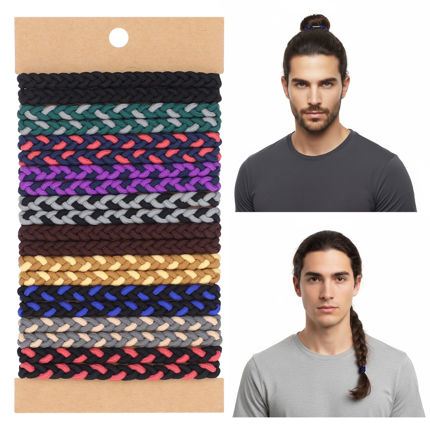 TIESOME 20 Pcs Braided Mens Hair Ties for Guys, Elastic Hair Ties for Thick Curly Dense Hairs, No Crease Spiral Coils, Stretchy Hairs Bands for Men & Women, Durable Non-Damaging Bobbles