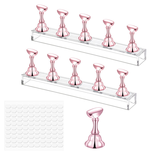 JIYIN Acrylic Nail Display Stand, Nail Crystal Holder Magnetic Nail Tips Practice Holder for Nail Art with Reusable Adhesive Putty, Nail Stand Kit for Press Ons and DIY Painting Nails(Rose Gold)
