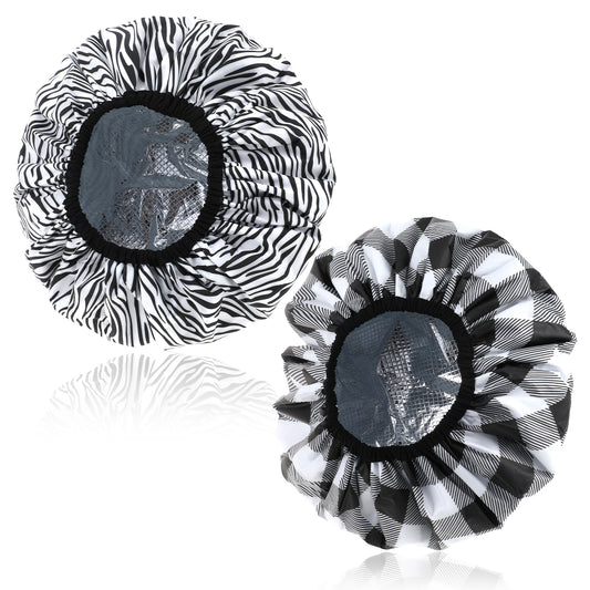 JJUNW 2 Pcs Double Layer Deep Conditioning Cap, Aluminum Foil Hair Heat Cap Reusable Shower Caps Steam Caps for Hair Treatments Home and Salon Use(Striped Plaid)