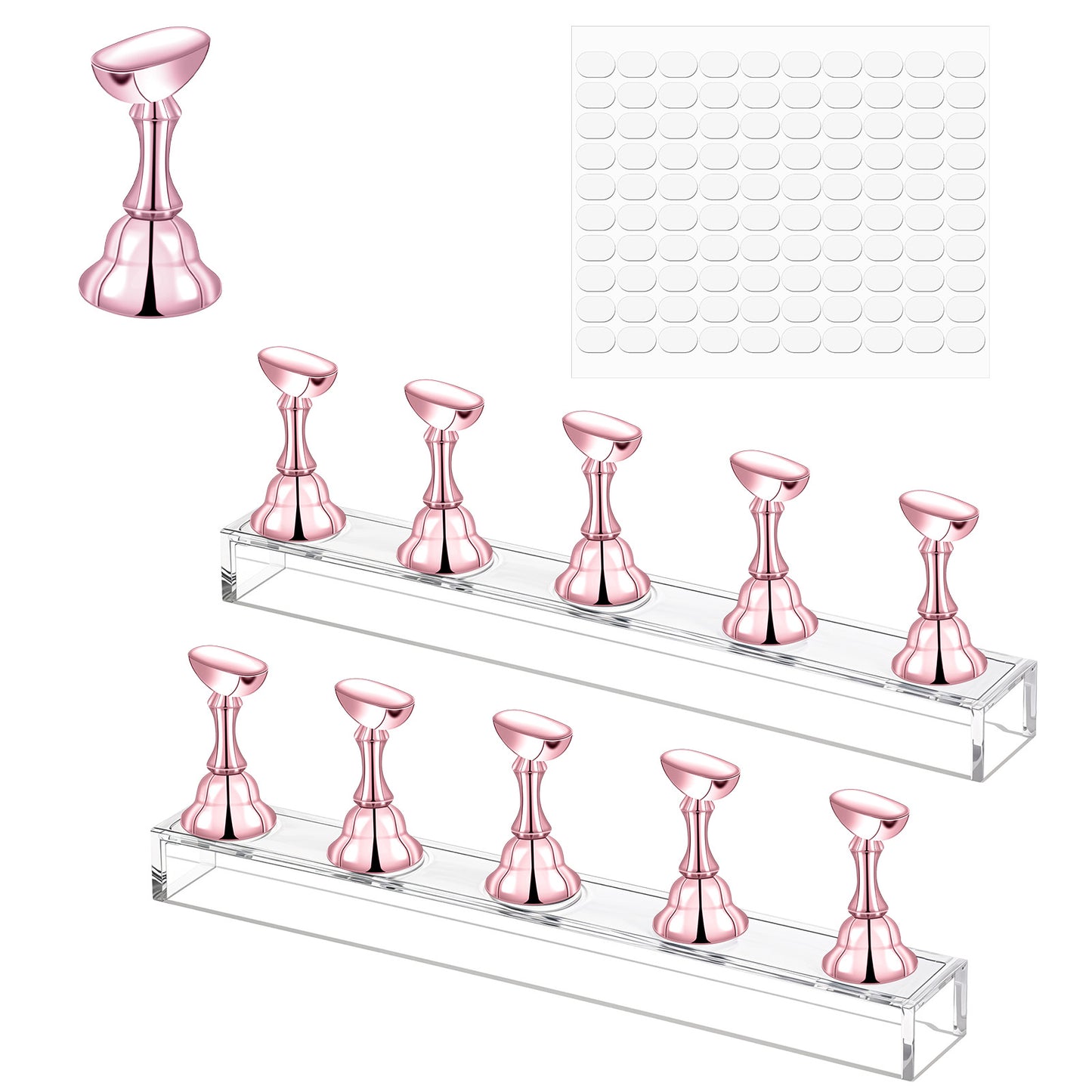 LXUEJIE Acrylic Nail Display Stand, 2 Set Magnetic Nail Tips Practice Holder Nail Crystal Holder for Nail Art with Reusable Adhesive Putty Nail Stand for Press On Nails DIY Painting(Rose Gold)