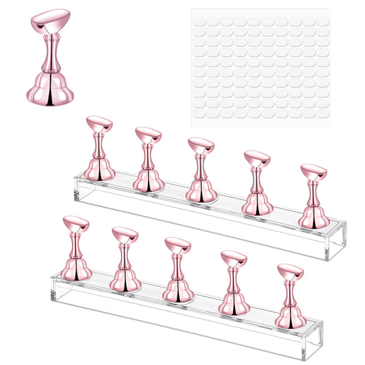 LXUEJIE Acrylic Nail Display Stand, 2 Set Magnetic Nail Tips Practice Holder Nail Crystal Holder for Nail Art with Reusable Adhesive Putty Nail Stand for Press On Nails DIY Painting(Rose Gold)