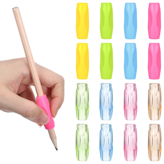 HJZHII 16PCS Silicone Grippers for Pencil with 3 Concaves, 8 Transparent and 8 Opaque Multicolour Comfort Grip for Pencil Pen Ergonomic Writing Aid for Adult Student Writing Drawing Stylus