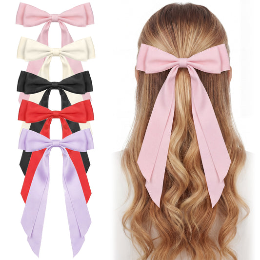 HJZHII 5 Pcs Silky Satin Hair Bow Clips, Long Hair Bow Clips with Metal Clamps Hairs Ribbon French Hairs Bows Ponytail Holder Accessories for Daily Wear Party Birthday(Black/White/Red/Purple/Pink)