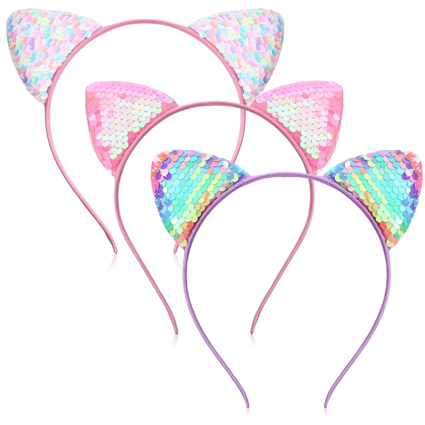 TIESOME 3Pcs Sequin Cat Ear Headbands, Glitter Sparkly Cat Hairbands Shiny Cute Kitty Headband Hair Band Cosplay for Women Girls Daily Wearing and Party Decoration