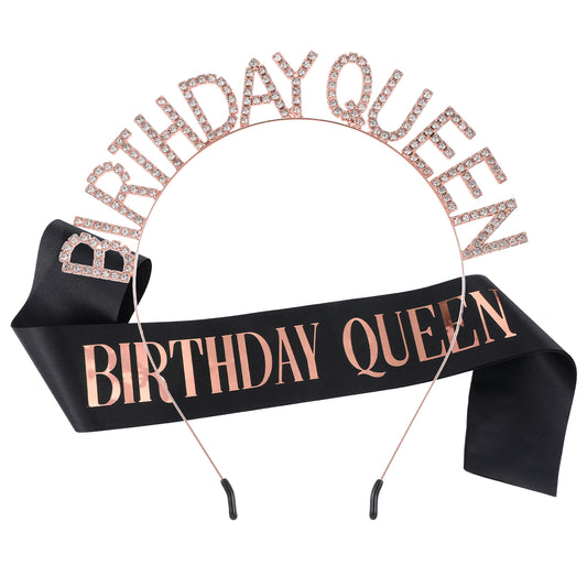 LIQWEI Birthday Crown Rose Gold for Women, Birthday Girl Sash & Birthday Tiara for Women Set Queen Glitter Crown Rhinestone Headband Happy Birthdays Accessories(Gold)
