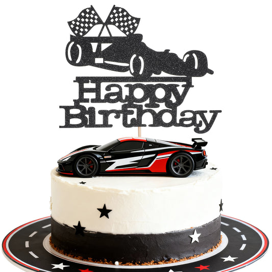 MBAIYO Race Car Cake Topper, Black Glitter Racing Theme Birthday Cake Decorations Race Car Birthday Cakes Topper Cars Themed Party Supplies and Photo Booth Props for Boys Girls Birthday Party