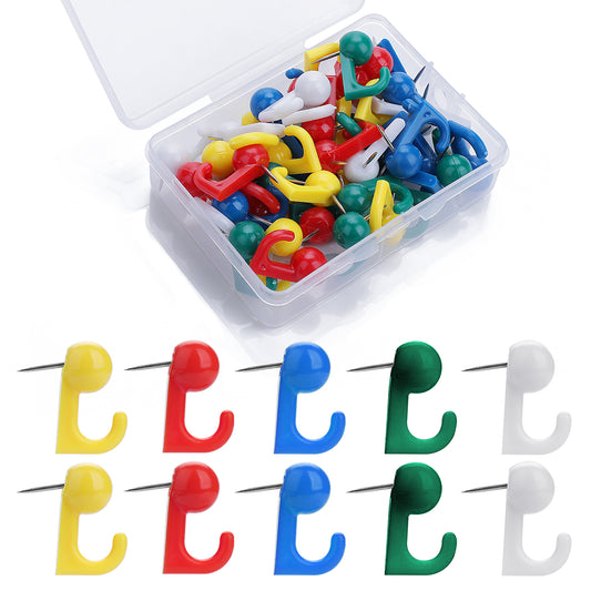 Molain 50 Pcs Colored Push Pin Hooks, Plastic Heads Pin Tacks Hooks,Thumbtacks with Hooks,Bulletin Board Hooks,Push Pins for Wall Hanging,Cork Board,Map,Photos,Calendar, Home Office School Supplies