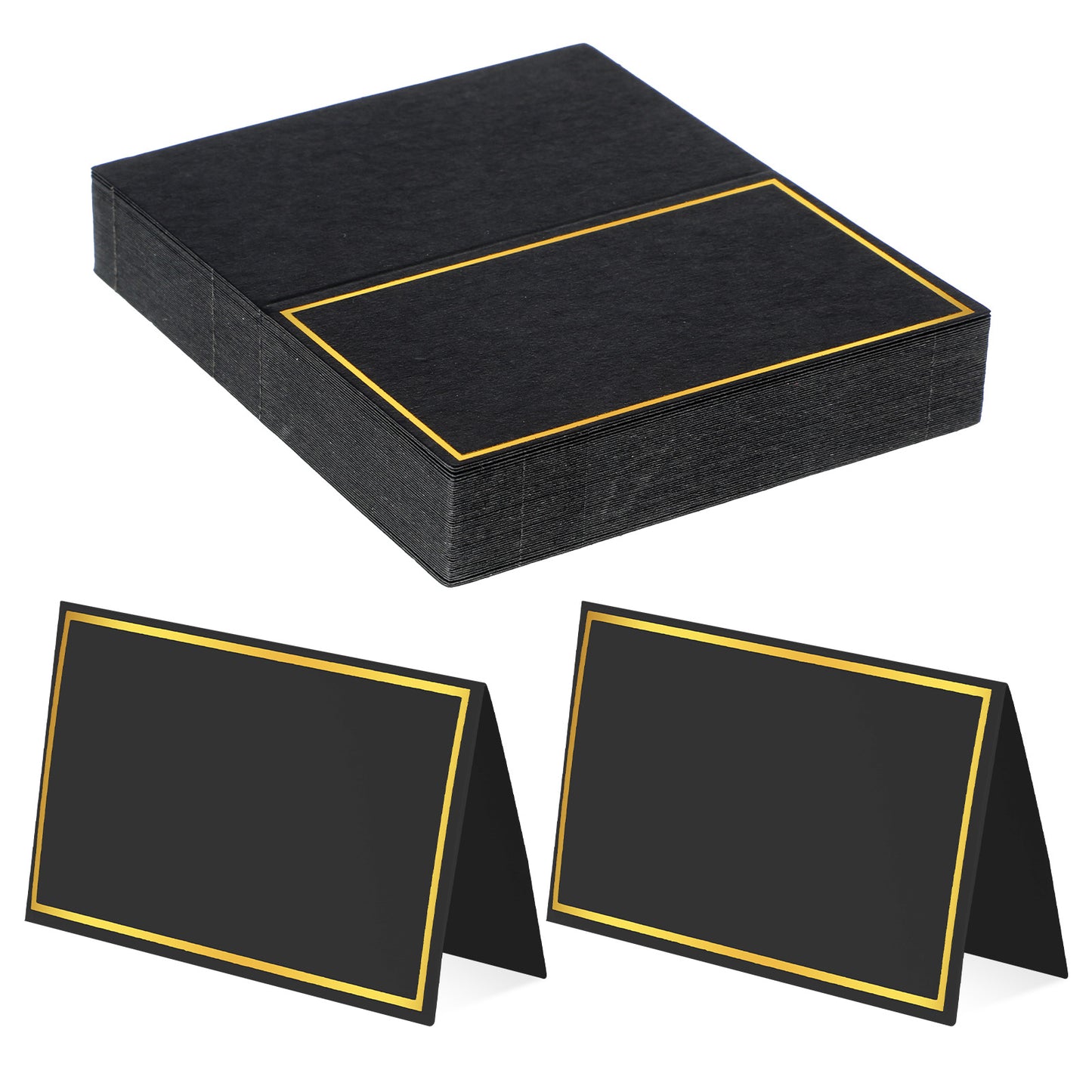 LIQWEI 50Pcs Place Cards, Table Name Cards with Gold Foil, Place Card for Table Setting Food Labels for Party Buffet, Wedding Places Card Tent Carded for Dinner Parties,Events, Bridal Shower(Black)