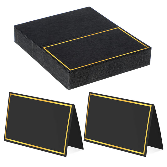 LIQWEI 50Pcs Place Cards, Table Name Cards with Gold Foil, Place Card for Table Setting Food Labels for Party Buffet, Wedding Places Card Tent Carded for Dinner Parties,Events, Bridal Shower(Black)