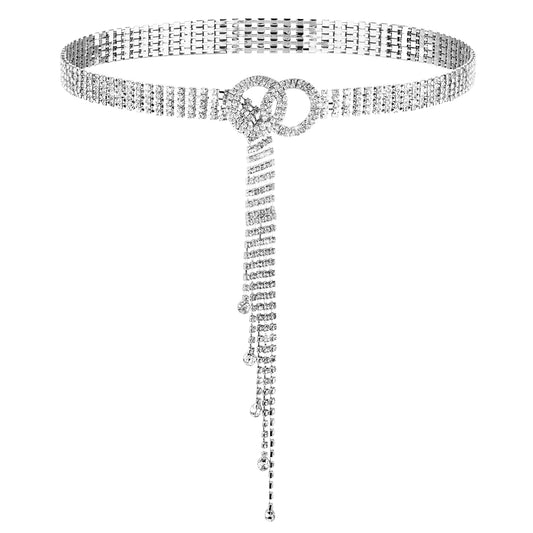 JIEYAO Rhinestone Belt for Women, Sparkle Crystal Waist Chain Belt Adjustable O-Ring Waistband Belt for Jeans Dresses(Silver)
