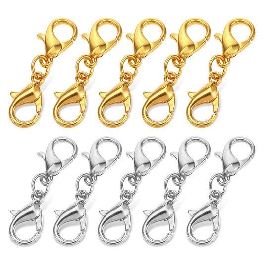 AOZUO 12PCS Double Lobster Clasp Extender, Gold Silver Lobster Claw Clasps Necklace Jewelry Clasp and Closures Connector Bracelet Extension for DIY Jewelry Making