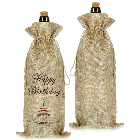 AOZUO 2pcs Happy Birthday Wine Bags, Wine Bottle Drawstring Gift Bag Burlap Champagne Wrap Bag Funny Birthday Gift for Women Men Friendship Husband Wife Her Him Lovers