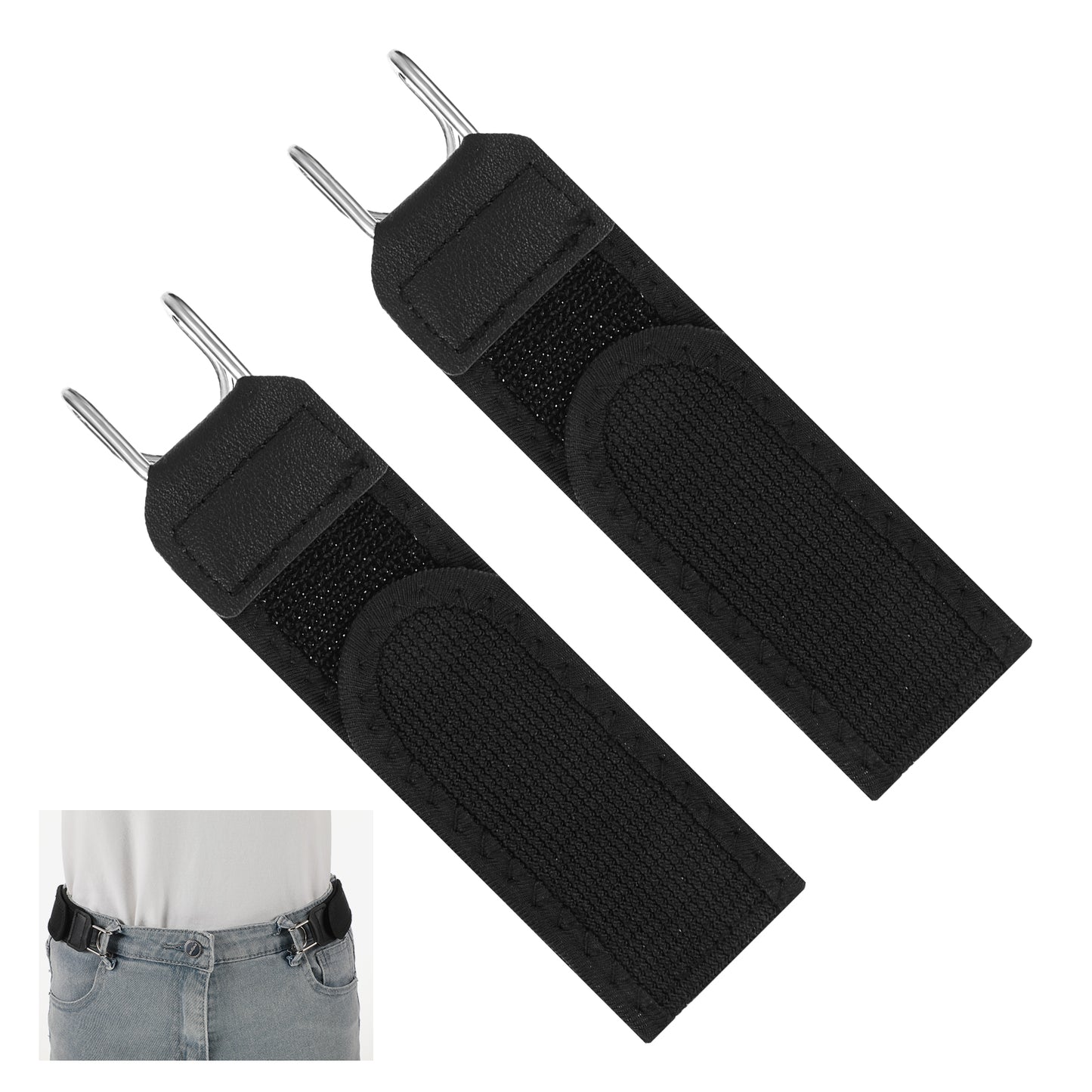 DOPENSPI 2 Pcs Metal Hook Elastic Belt, Adjustable No-Buckle Waist Belt for Men Women Comfortable Invisible Side Belts for Pants Travel Work(Black)
