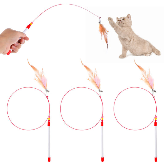 IANFAN 4 Pcs Cat Feather Toys, Cat Feather Wand Toy with Bell Beads Interactive Cats Toys Wand Teaser Wire Wands for Cats Chase Exercise Play