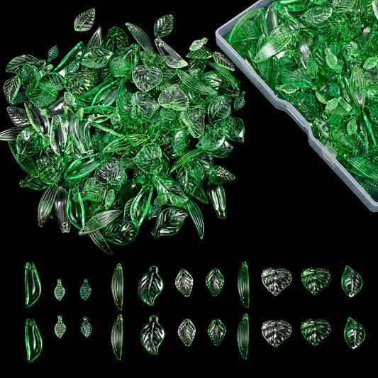 HJZHII 120Pcs Green Acrylic Leaf Beads, Assorted Green Leaf Beads for Jewelry Making Transparent Maple Tree Leaves Pendants Tiny Leaves Bead Caps for Earrings Bracelets Necklaces