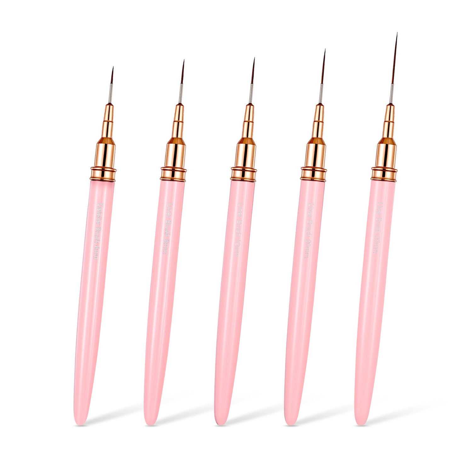 LIQWEI 5Pcs Nail Art Liner Brushes, Liner Brush For Nails Gel, Nail Art Striping Brushes, Thin Liner Nail Tools For Long Lines, Thin Details, Fine Drawing Sizes 4/8/12/20/25 mm(Pink)