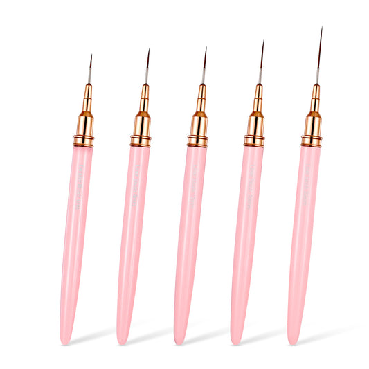 LIQWEI 5Pcs Nail Art Liner Brushes, Liner Brush For Nails Gel, Nail Art Striping Brushes, Thin Liner Nail Tools For Long Lines, Thin Details, Fine Drawing Sizes 4/8/12/20/25 mm(Pink)