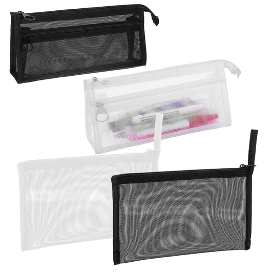 MBAIYO 4 Pack Grid Mesh Pencil Case, Black Pencil Case with Handle and Zipper White Double Layer Clear Pouch Large Capacity Bag for Makeup Toy Game Travel Toiletry School Office Supplies Storage