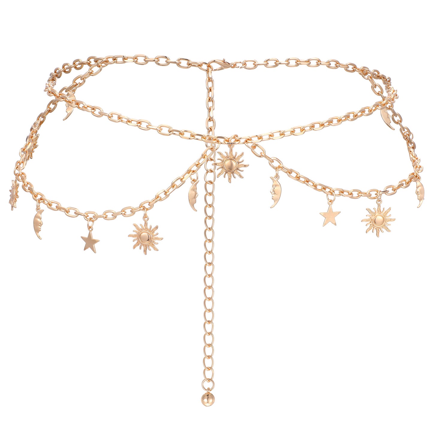 Andibro Double Layer Gold Metal Chain Belt For Women, Adjustable Sun Moon Star Waist Chain Link Belt For Dresses Jeans, Fits Waist 24-45 Inches
