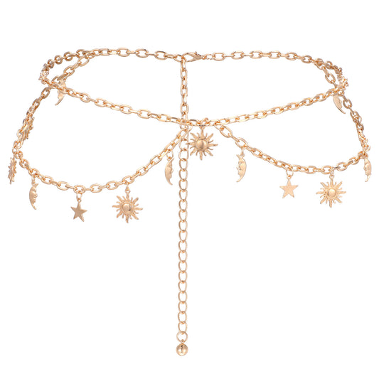 Andibro Double Layer Gold Metal Chain Belt For Women, Adjustable Sun Moon Star Waist Chain Link Belt For Dresses Jeans, Fits Waist 24-45 Inches