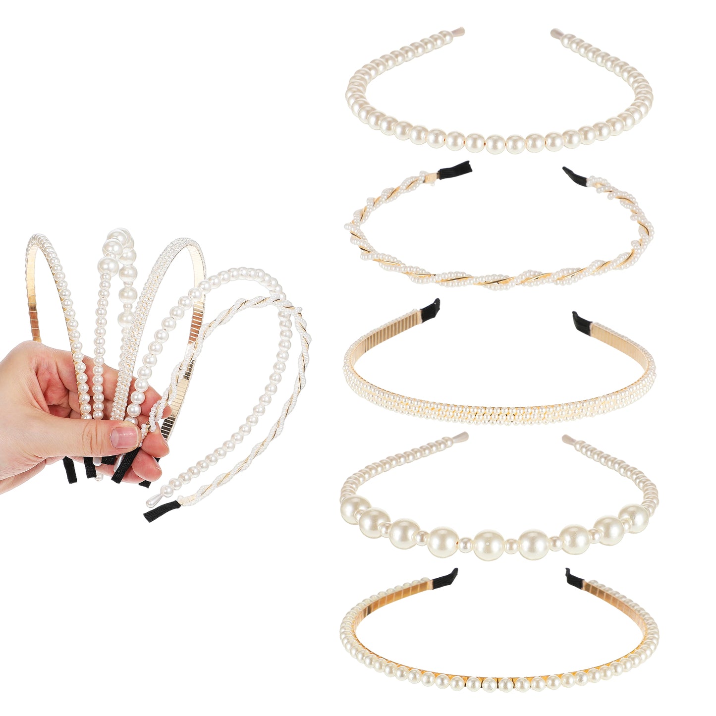 SHENLIU 5 Pcs Pearl Headband for Women, White Faux Pearl Headband Elegant Bridal Pearls Hair Accessories for Women Girls Wedding Party