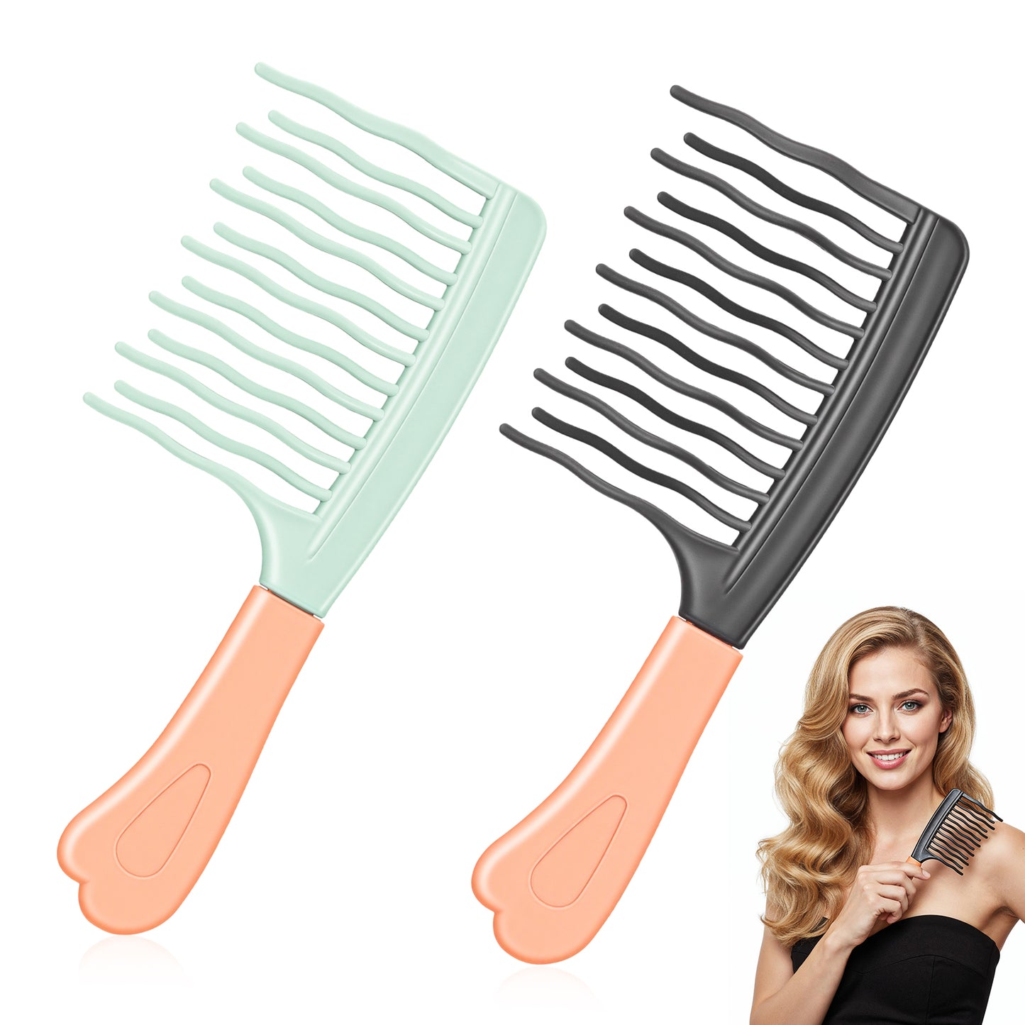 WJIAAA Wide Tooth Comb for Curly,2 Pack Detangling Hair Brush with Double-layer Wavy Tooth Design Fluffy Hairdressing Styling Tool Unisex Curly Wet Long Hair